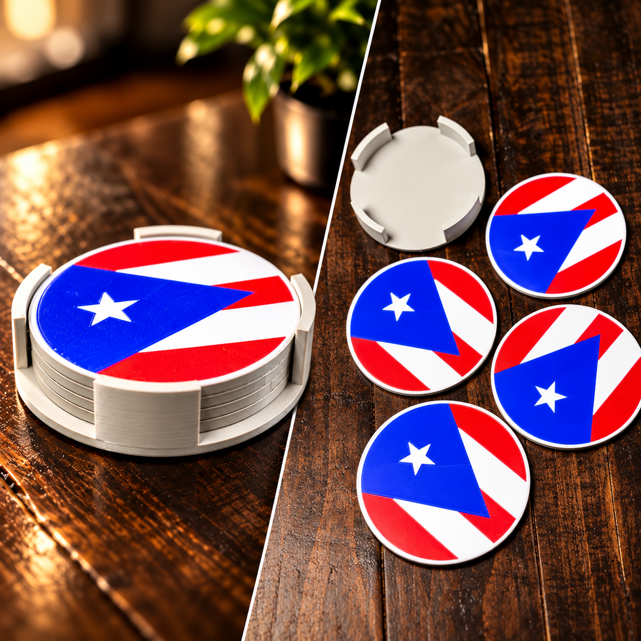 Collage of 3D-printed Puerto Rico flag coasters in red, white and blue, stacked in a white holder and arranged on a dark wood table