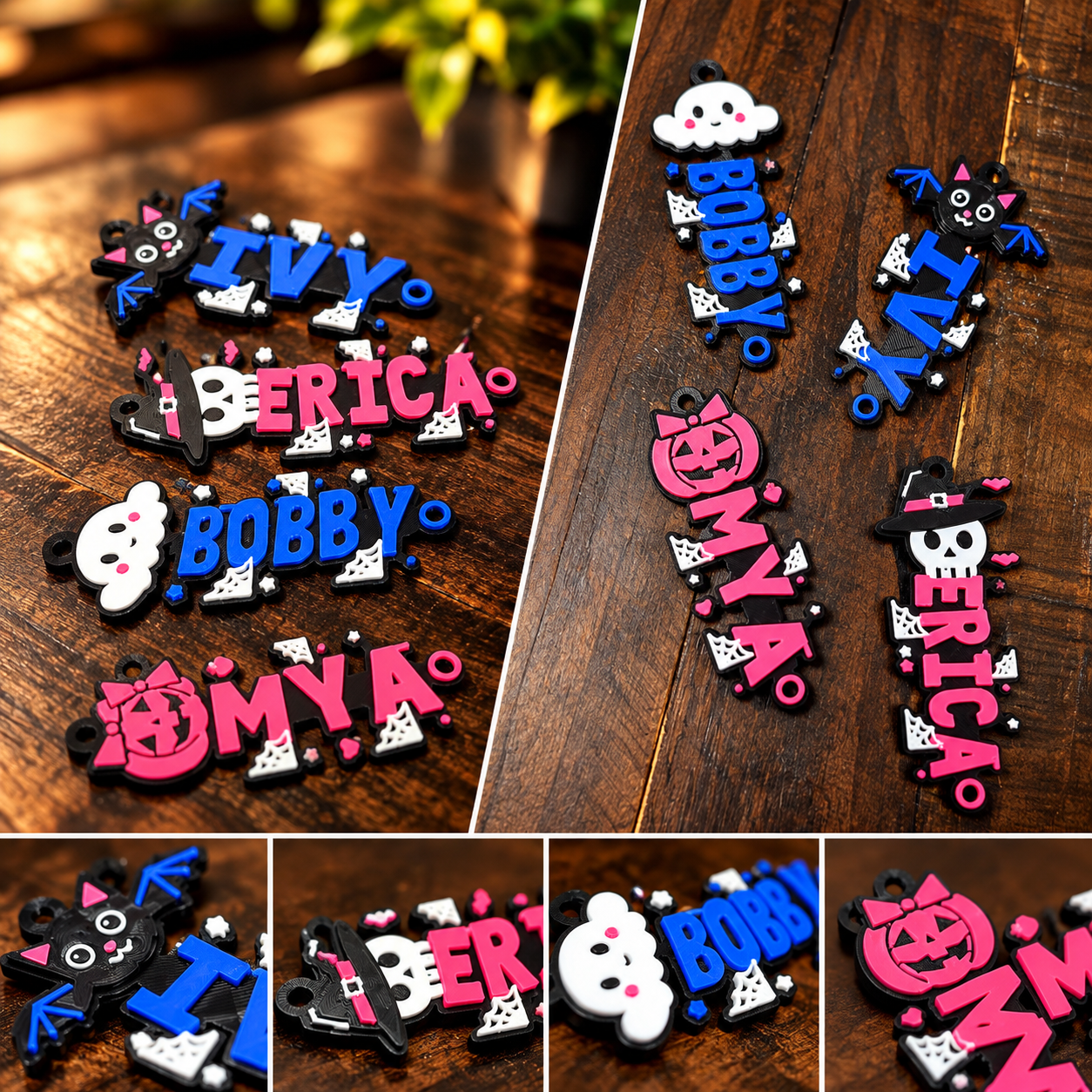 Collage of personalized 3D-printed Halloween name keychains with ghost, pumpkin, black cat and witch-hat toppers in pink, blue, black and white on a wood table